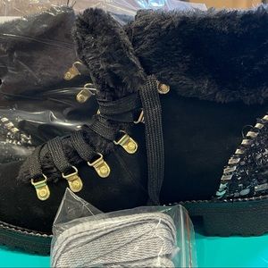 Jack Rogers black tweed and fur boots